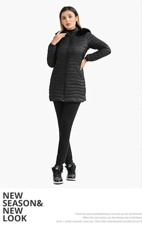 Anychic Womens Padded Puffer Jacket Large Black Ultralight Casual Coats With Fur Hooded Warm Lightweight Outerwear-Coats &amp; Jackets-PEROZ Accessories