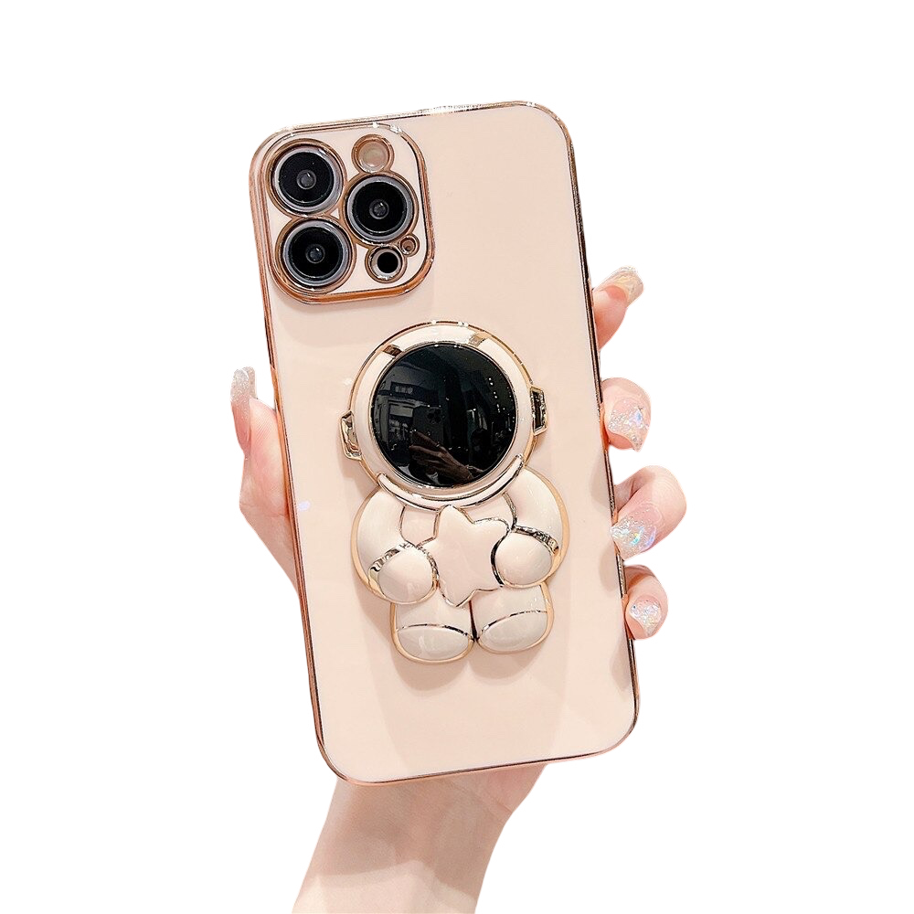 Anymob Astronaut iPhone Love Heart Holder White Pink Protection Electroplated Phone Case Soft Silicone Shockproof Stand Back Cover Compatible-Mobile Phone Cases-PEROZ Accessories