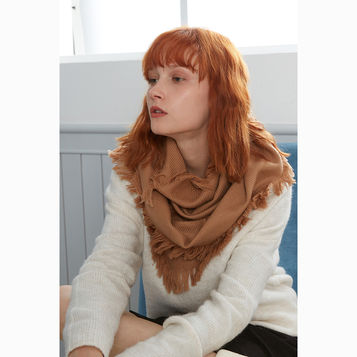 Ugg Fringed Check Wool Scarf Camel-Scarves-PEROZ Accessories