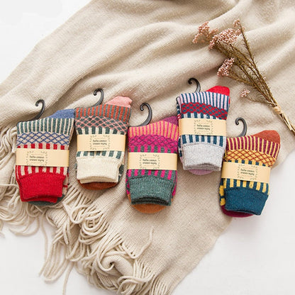 Anysox 5 Pairs Size 5-9 Fashion Socks Colorful Wind-Flowers Cotton Winter Thick Warm Wool Casual for Women White-Socks-PEROZ Accessories