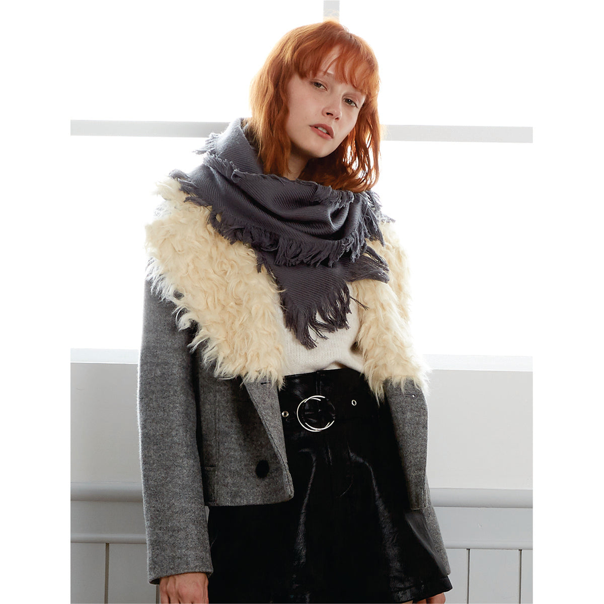 Ugg Fringed Check Wool Scarf Grey-Scarves-PEROZ Accessories