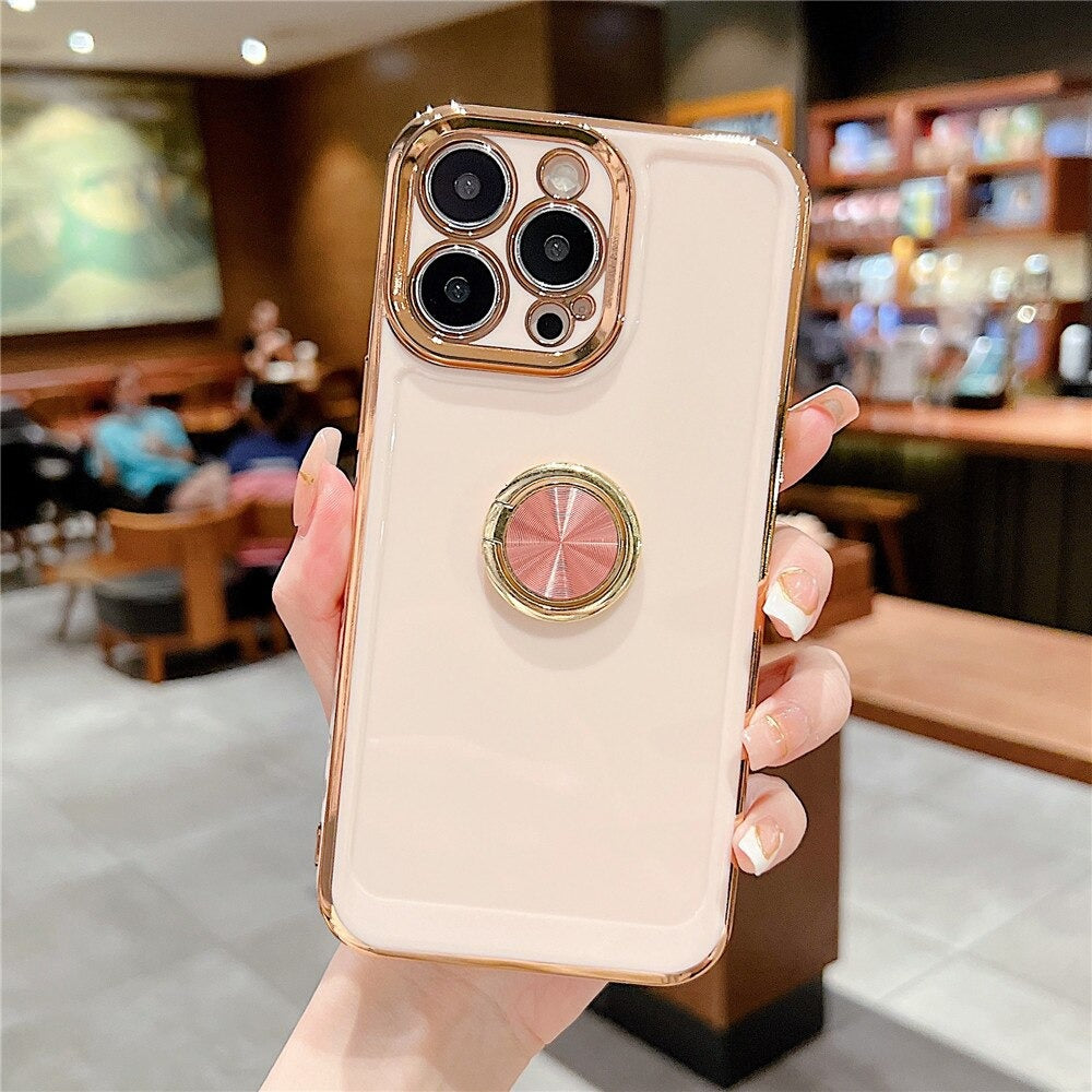 Anymob iPhone Case Pink Ring Holder Stand Electroplating Side Heart Pattern Silicone Soft Phone Back Cover For iPhone-Mobile Phone Cases-PEROZ Accessories
