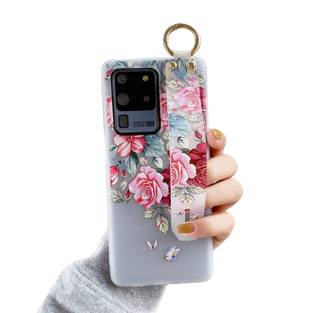 Anymob Samsung Pink Flower Boquete Soft Silicon Wrist Strap Case Bag Shell Cover-Mobile Phone Cases-PEROZ Accessories