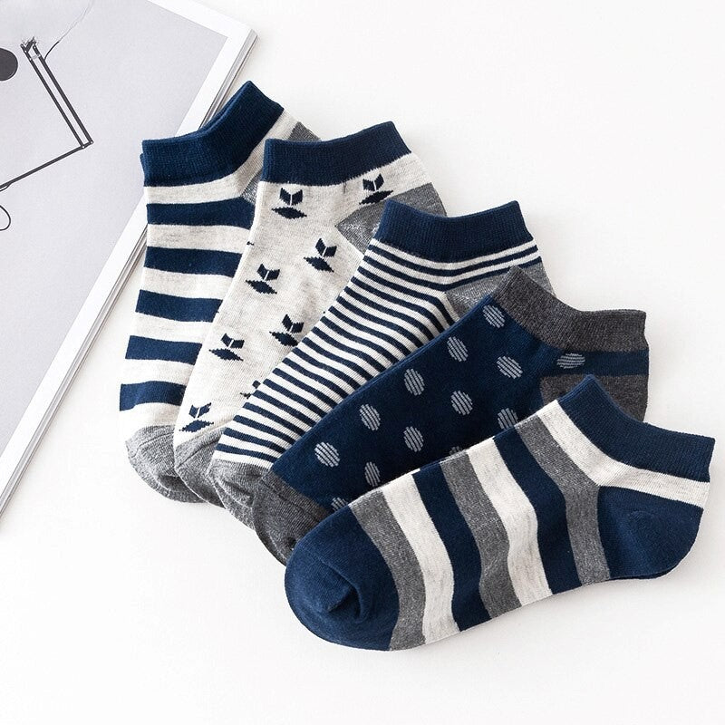 Anysox 5 Pairs One Size 5-11 Mixed Color Striped Spring Summer Unisex Navy Solid Striped Cotton Ankle Casual Socks-Socks-PEROZ Accessories