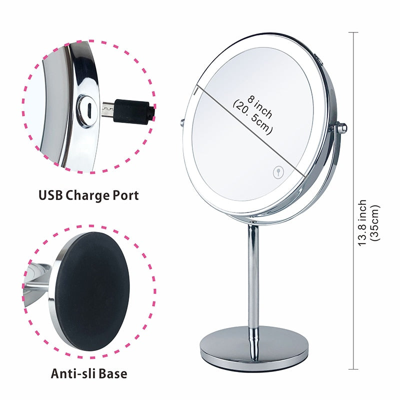 Anyvogue 8in Desktop Wall Mounted Smart LED Makeup Mirror Double Sided Touch Dimming Adjustable 10x Magnification USB Type-Makeup Mirror-PEROZ Accessories