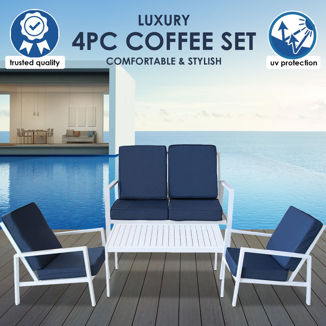 Milano 4pc Outdoor Furniture Lounge Patio Setting Coffee Table Chairs Garden Set-Outdoor Chairs &amp; Lounges-PEROZ Accessories