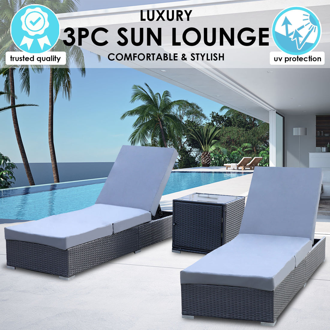 Milano Outdoor 3pc Sun Lounge Pool Bed Deck Rattan Chair Adjustable Furniture-Outdoor Chairs &amp; Lounges-PEROZ Accessories
