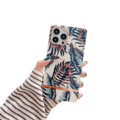 Anymob iPhone Case Blue Leaf Square Plating Banana Leaf Ring Stand Shockproof Soft Bumper Cover-Mobile Phone Cases-PEROZ Accessories