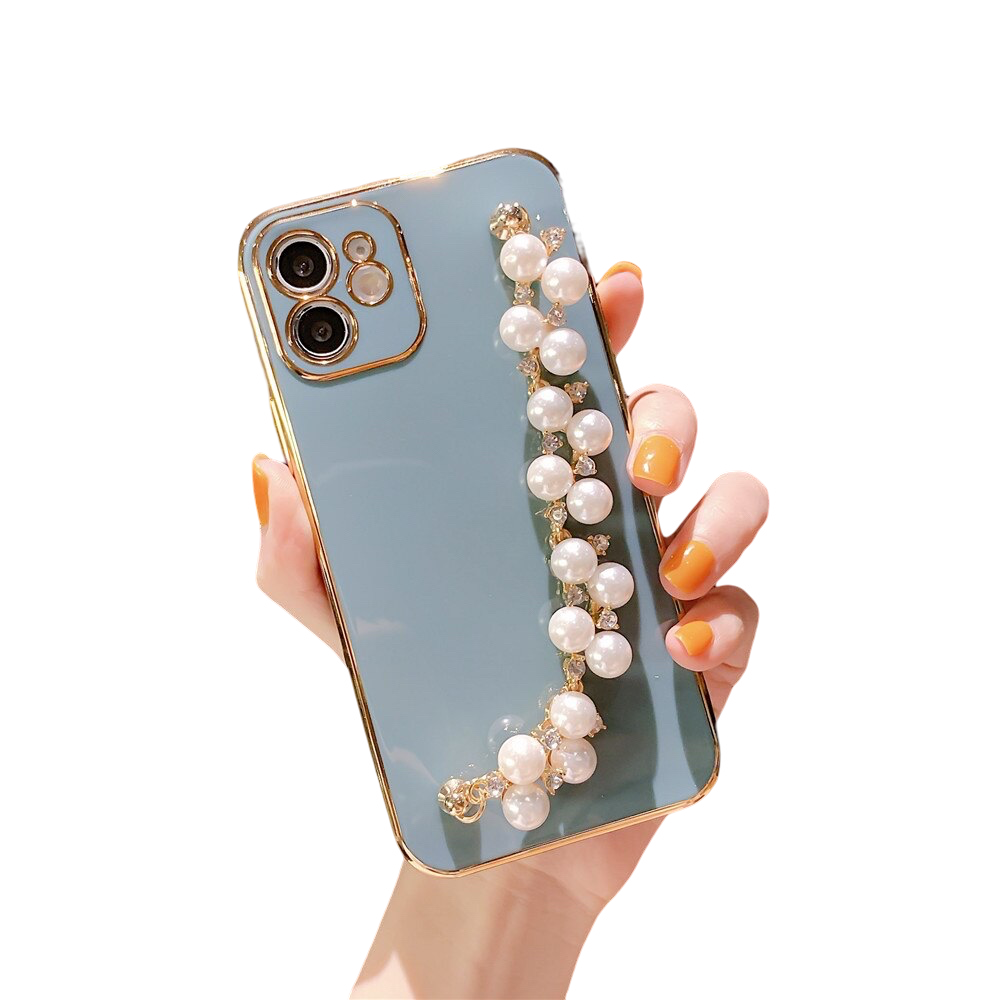 Anymob iPhone Case Light Blue Plating Pearl Chain Wrist Band Soft Silicone Cover-Mobile Phone Cases-PEROZ Accessories