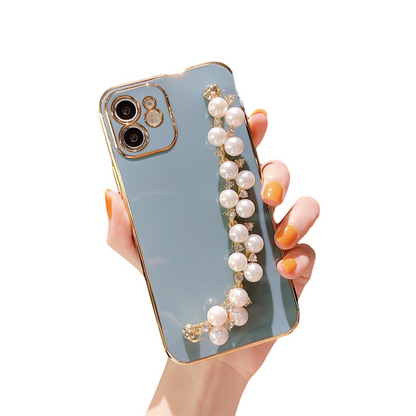 Anymob iPhone Case Light Blue Plating Pearl Chain Wrist Band Soft Silicone Cover-Mobile Phone Cases-PEROZ Accessories