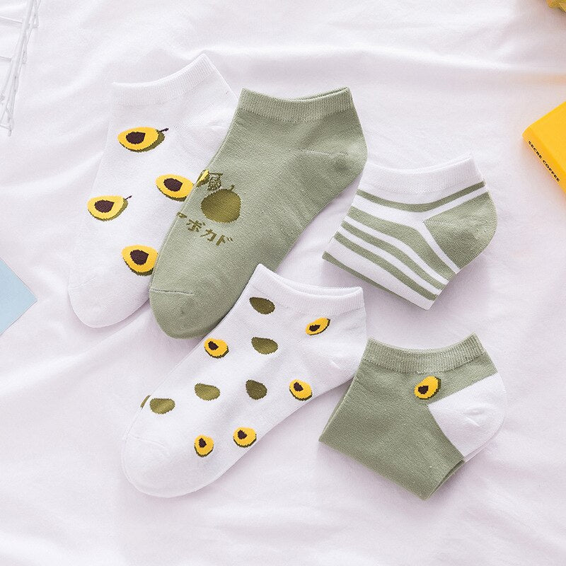Anysox 5 Pairs One Size 5-9 Mix Avocado Liner Cotton And Spandex Socks With Fruit Creative Design Brand Perfect for Women-Socks-PEROZ Accessories