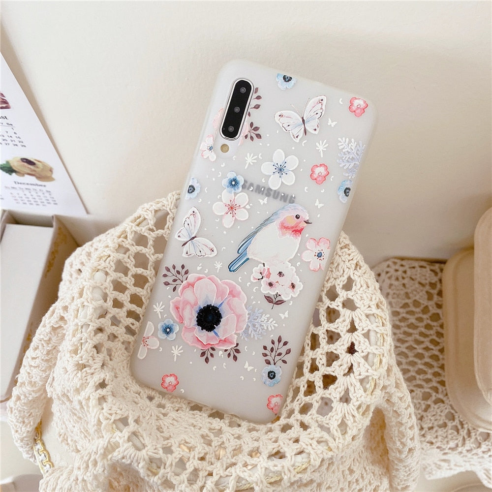 Anymob Samsung Case Bird and Butterfly Design Vintage Relief Flower Phone Matte Soft Silicone Back Cover-Mobile Phone Cases-PEROZ Accessories