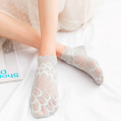 Anysox 5 Pairs One Size 4-5 Light Green Fashion Summer Socks With Style Lace Peacock Flower Short Ankle Socks For Women-Socks-PEROZ Accessories