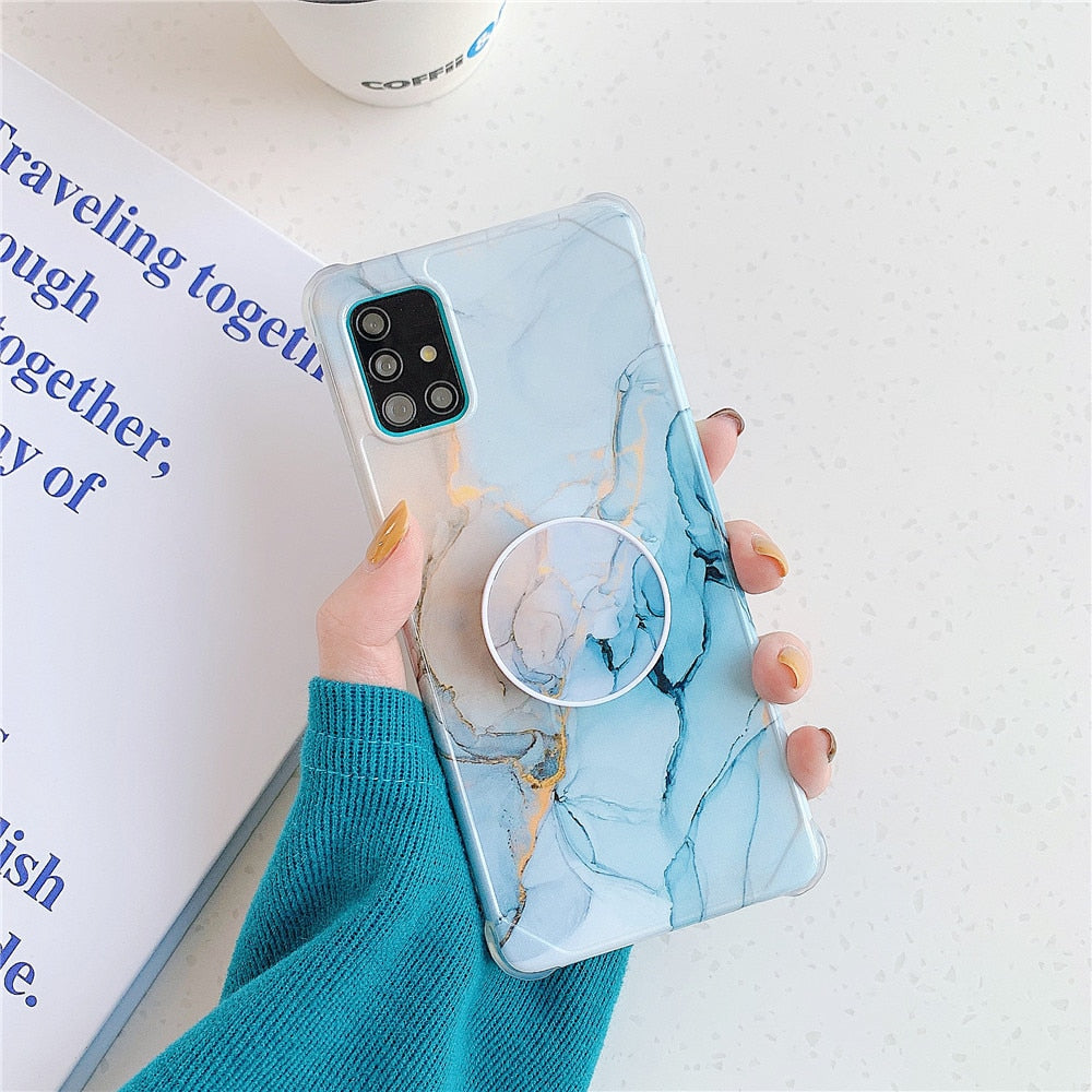 Anymob Samsung Case Gold Glitter and Ocean Blue Marble With Finger Ring Holder Silicone Phone Cover-Mobile Phone Cases-PEROZ Accessories