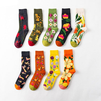 Anysox 5 Pairs One Size 5-11 Mixed Color Socks Floral Cotton Fashion Woman Skateboard Oil Paitiing-Socks-PEROZ Accessories