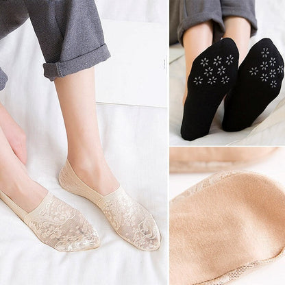 Anysox 5 Pairs Size 5-9 Fashion Socks Lace Flower Style Breathable Antiskid Invisible Ankle Socks for Women Grey-Socks-PEROZ Accessories