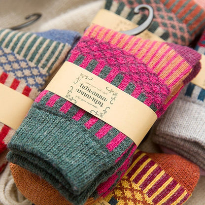 Anysox 5 Pairs Size 5-9 Fashion Socks Colorful Wind-Flowers Cotton Winter Thick Warm Wool Casual for Women Red-Socks-PEROZ Accessories
