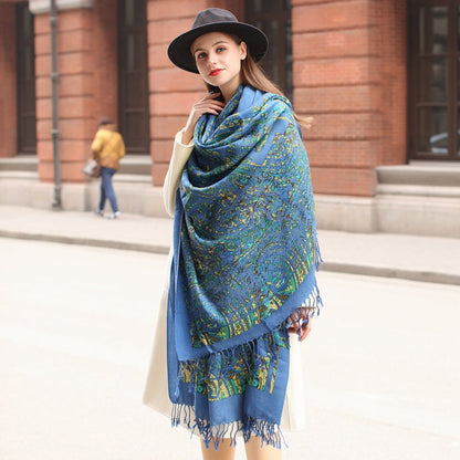 Anyyou 100% Merino Wool French Blue Silk Satin Large Winter Scarf Pashmina Shawl Bandana Perfect For Women Ladies Fashion Style-Scarves-PEROZ Accessories