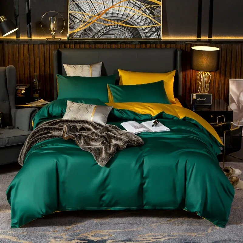 Anyhouz Bed Sheet Deep Green Yellow Ultra Soft Luxury Egyptian Cotton Bedding Cover Queen Size 6 Pcs Bed Set-Bed Sheets-PEROZ Accessories