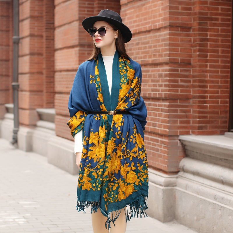 Anyyou 100% Merino Wool Yellow Blue Royal Silk Satin Large Winter Scarf Pashmina Shawl Bandana Perfect For Women Ladies Fashion Style-Scarves-PEROZ Accessories