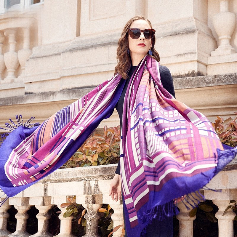 Anyyou 100% Merino Wool Purple Pink Lines Silk Satin Large Winter Scarf Pashmina Shawl Bandana Perfect For Women Ladies Fashion Style-Scarves-PEROZ Accessories