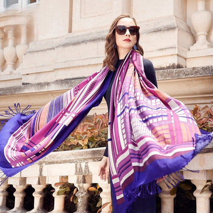 Anyyou 100% Merino Wool Purple Pink Lines Silk Satin Large Winter Scarf Pashmina Shawl Bandana Perfect For Women Ladies Fashion Style-Scarves-PEROZ Accessories