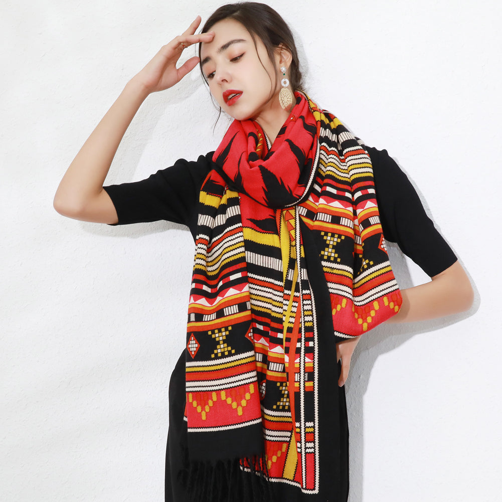 Anyyou 100% Merino Wool Red Native West Silk Satin Large Winter Scarf Pashmina Shawl Bandana Perfect For Women Ladies Fashion Style-Scarves-PEROZ Accessories