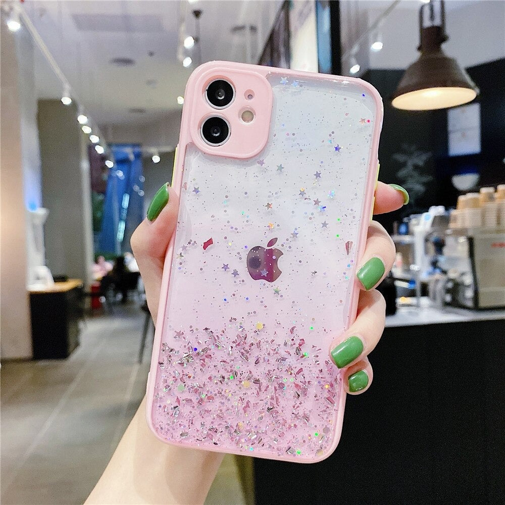 Anymob iPhone Case Pink Luxury Glitter Sequins Camera Protection Silicone For 13 11 12 Pro Max XR XS Max 7 8 Plus SE 2020-Mobile Phone Cases-PEROZ Accessories