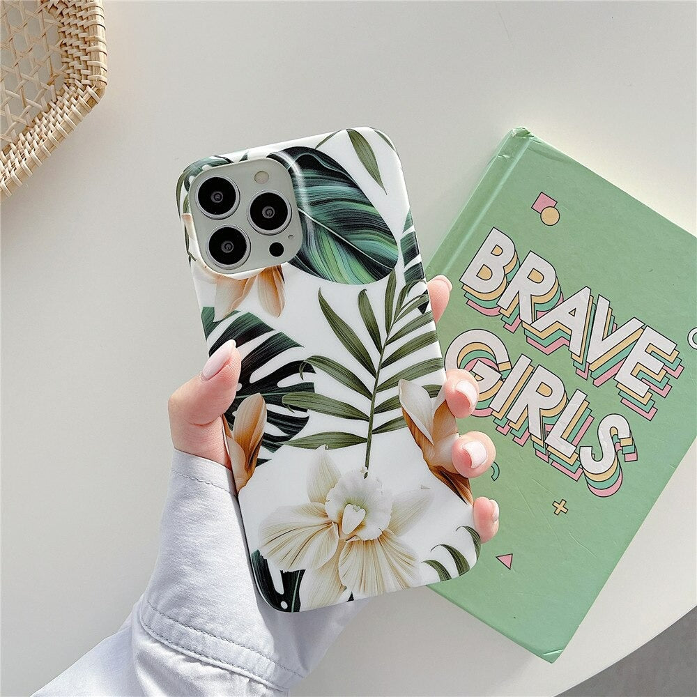 Anymob iPhone Case Green Floral Retro White Orchid Flower Silicone Plus Silky Design Shockproof Phone Cover iPhone Compatible-Mobile Phone Cases-PEROZ Accessories