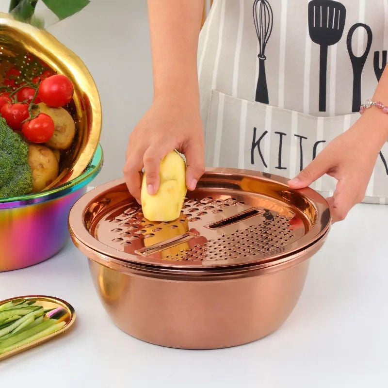 Anygleam Silver Stainless Steel Basket Strainer Bowl with Vegetable Cutter/ Slicer for Buffet and Restaurant Kitchenware-Kitchen Tools &amp; Utensils-PEROZ Accessories