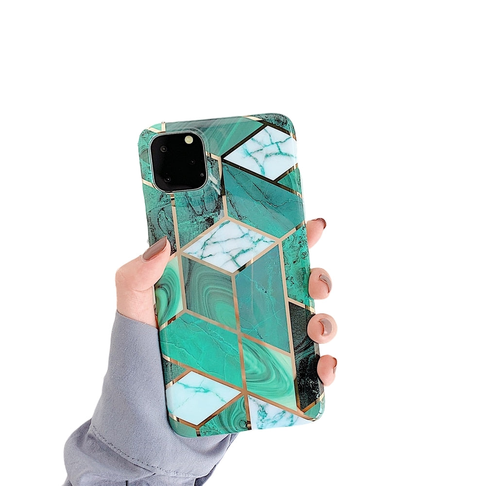 Anymob iPhone Green Plating Geometric Marble Phone Case Glossy Soft Back Cover-Mobile Phone Cases-PEROZ Accessories