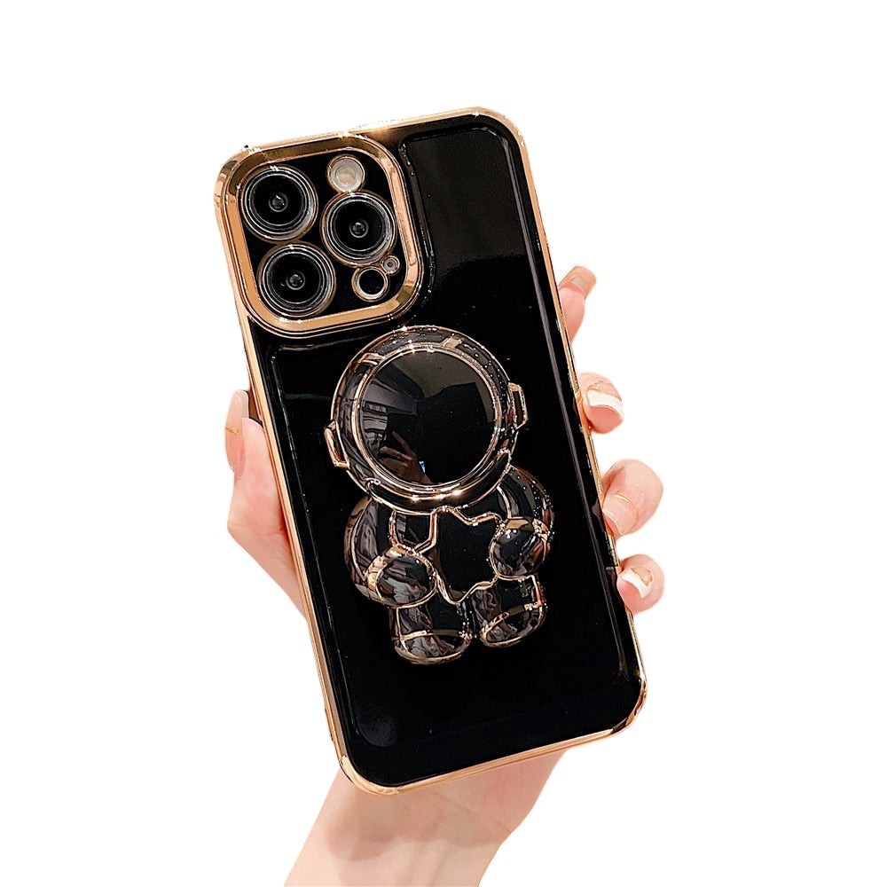 Anymob iPhone Black Astronaut Ring Holder Stand Phone Case With Electroplating Protection Silicone Cover-Mobile Phone Cases-PEROZ Accessories