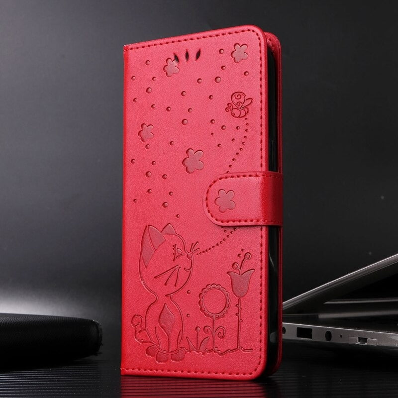 Anymob Samsung Case Red Flip Leather 3D Cat Embossed PU Leather Wallet Cover Protection-Mobile Phone Cases-PEROZ Accessories