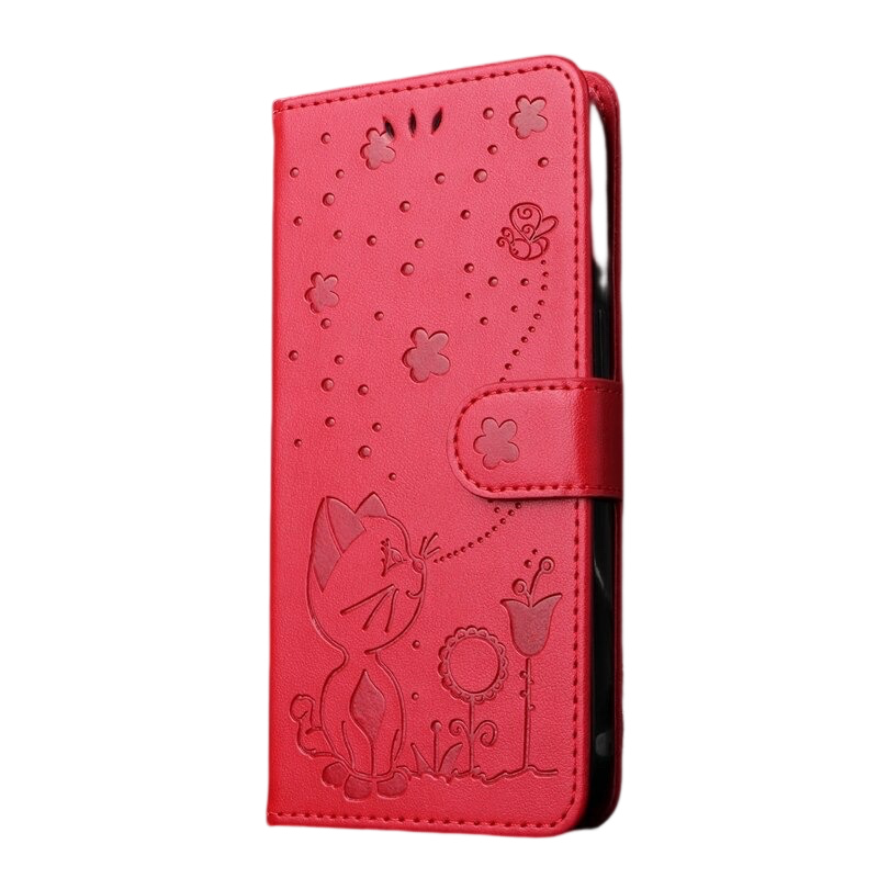 Anymob Xiaomi Redmi and Poco Case Red 3D Cat Embossed PU Leather Leather Phone Flip Cover-Mobile Phone Cases-PEROZ Accessories