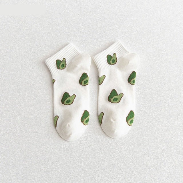 Anysox 5 Pairs One Size 5-9 White Spring Summer Cotton Avocado Breathable School Girl For Female Ankle Socks-Socks-PEROZ Accessories