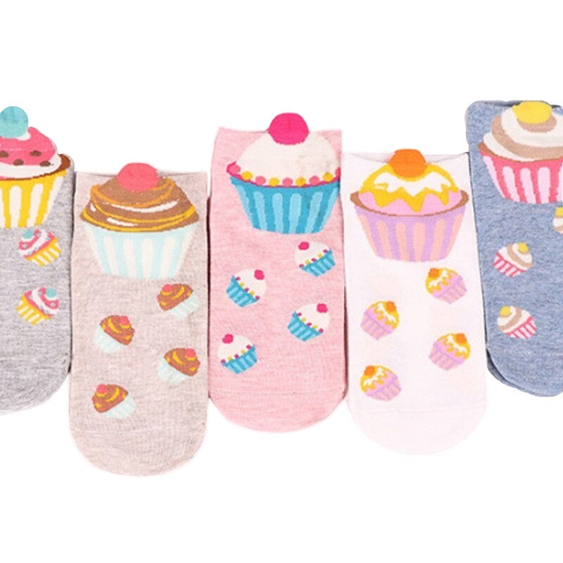Anysox 5 Pairs One Size 5-9 Multicolor Cake Summer Invisible Female Fashion Casual Cute Cartoon Short Cotton Ladies Dropship-Socks-PEROZ Accessories