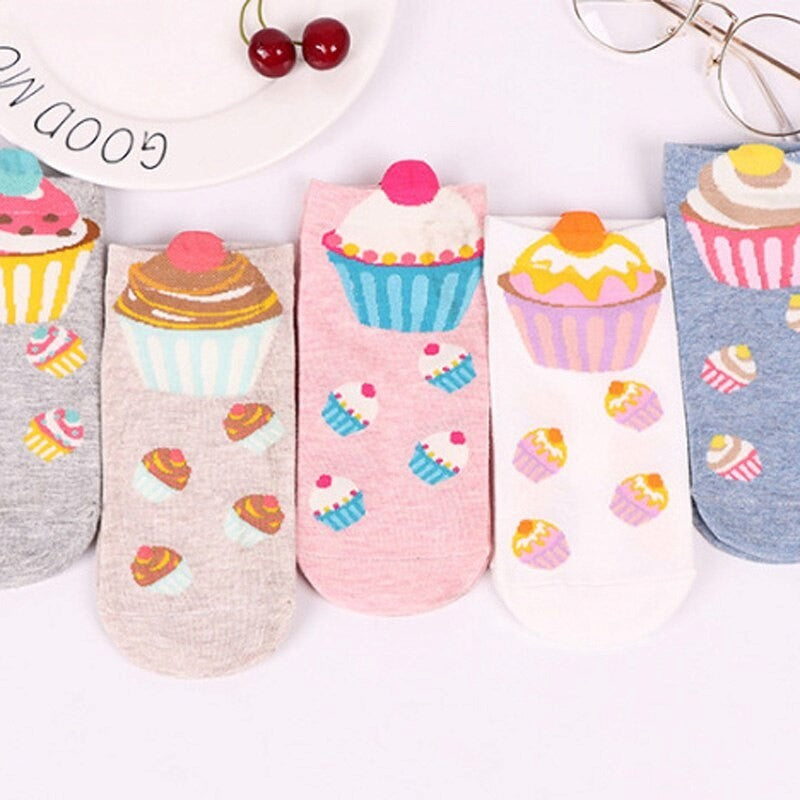 Anysox 5 Pairs One Size 5-9 Multicolor Cake Summer Invisible Female Fashion Casual Cute Cartoon Short Cotton Ladies Dropship-Socks-PEROZ Accessories