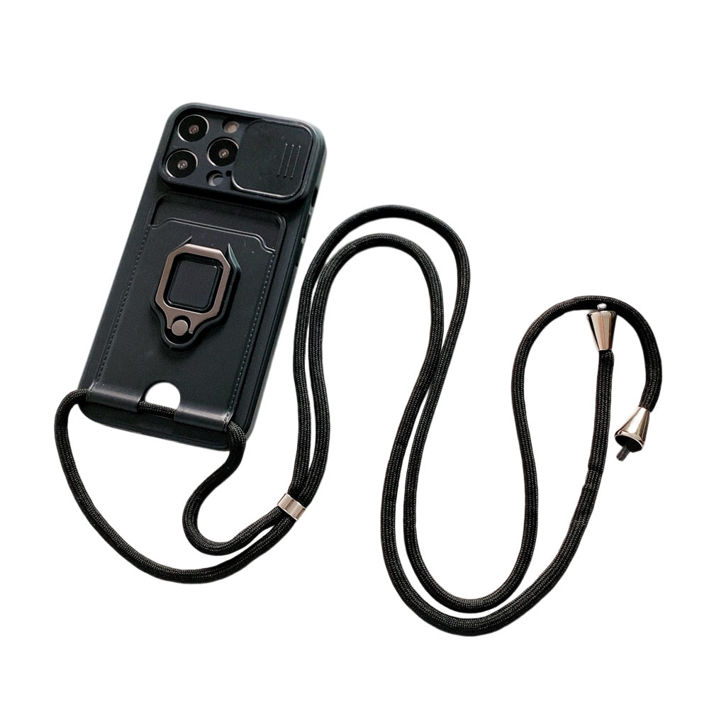 Anymob iPhone Black Magnetic Card Holder Lanyard Cord Phone Case Lens Protection Back Cover-Mobile Phone Cases-PEROZ Accessories