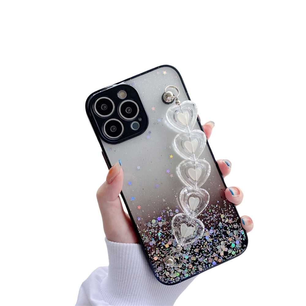 Anymob iPhone Black Crystal Heart Bracelet Phone Chain Case Glitter Soft Cover-Mobile Phone Cases-PEROZ Accessories