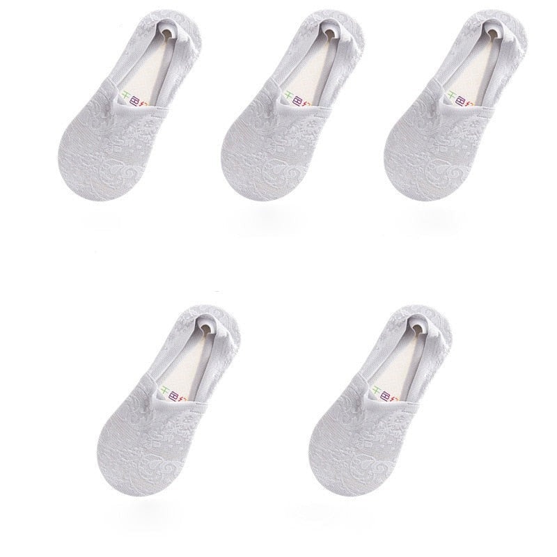 Anysox 5 Pairs Size 5-9 Fashion Socks Lace Flower Style Breathable Antiskid Invisible Ankle Socks for Women Grey-Socks-PEROZ Accessories