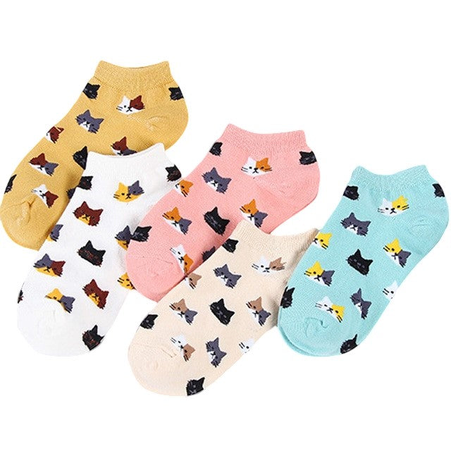 Anysox 5 Pairs One Size 5-9 Candy Color Kitten Summer Invisible Female Fashion Casual Cute Cartoon Short Cotton Ladies Dropship-Socks-PEROZ Accessories