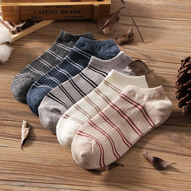 Anysox 5 Pairs One Size 5-11 Multicolor Lines Spring Summer Unisex Navy Solid Striped Cotton Ankle Casual Socks-Socks-PEROZ Accessories