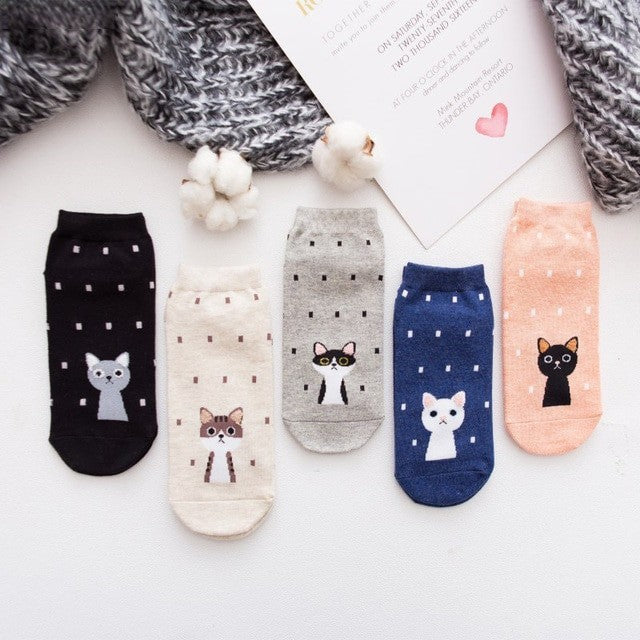 Anysox 5 Pairs One Size 5-9 Kitty Spring Summer Fashion Women Cotton Sox Cartoon Cute Girl Happy Funny Socks-Socks-PEROZ Accessories