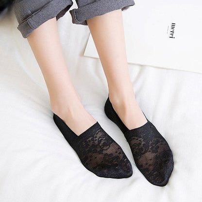 Anysox 5 Pairs Size 5-9 Fashion Socks Lace Flower Style Breathable Antiskid Invisible Ankle Socks for Women Grey-Socks-PEROZ Accessories