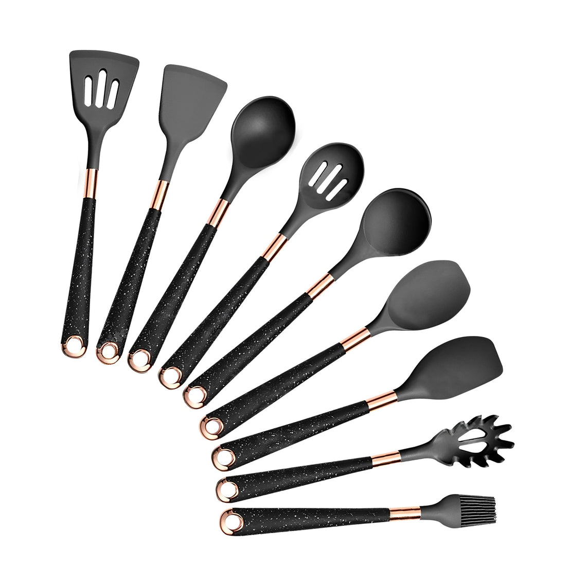 Anygleam Kitchen Utensils Non-stick Black 9 Set Gold Plated Handle with Support Point Cooking Tool Accessories Heat Resistant Kitchenware-Spatula and Shovel-PEROZ Accessories