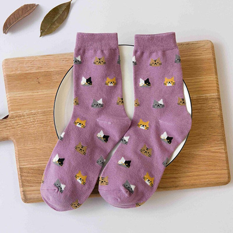 Anysox 5 Pairs Size 5-9 Fashion Socks Thick Warm Cotton Cute Cartoon Cat Animal Ankle Short Casual for Ladies Girls Christmas Gifts Purple-Socks-PEROZ Accessories