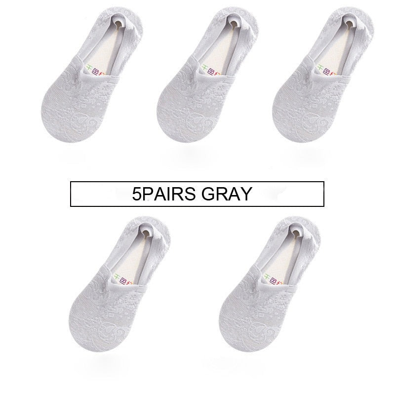 Anysox 5 Pairs Size 5-9 Fashion Socks Lace Flower Style Breathable Antiskid Invisible Ankle Socks for Women Grey-Socks-PEROZ Accessories