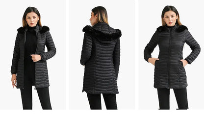 Anychic Womens Padded Puffer Jacket Large Beige Ultralight Casual Coats With Fur Hooded Warm Lightweight Outerwear-Coats &amp; Jackets-PEROZ Accessories