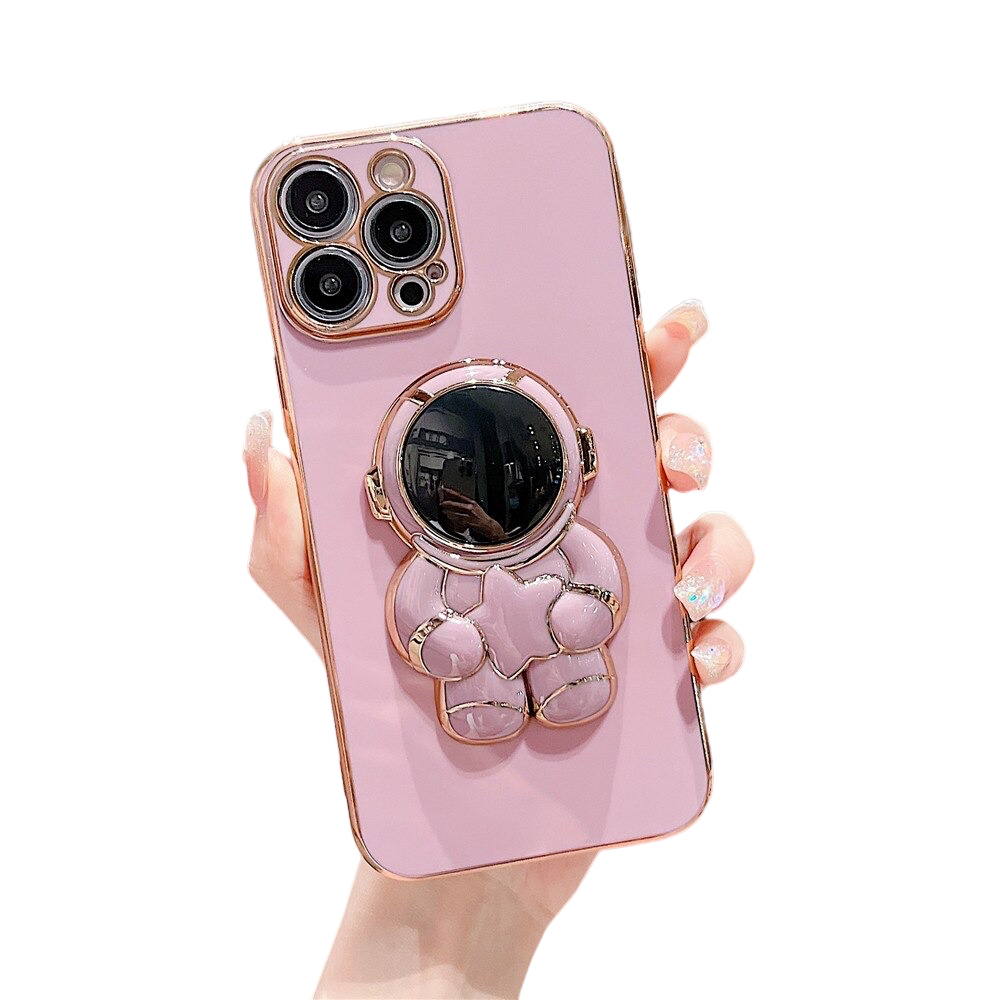 Anymob Astronaut iPhone Love Heart Holder Pink Protection Electroplated Phone Case Soft Silicone Shockproof Stand Back Cover Compatible-Mobile Phone Cases-PEROZ Accessories