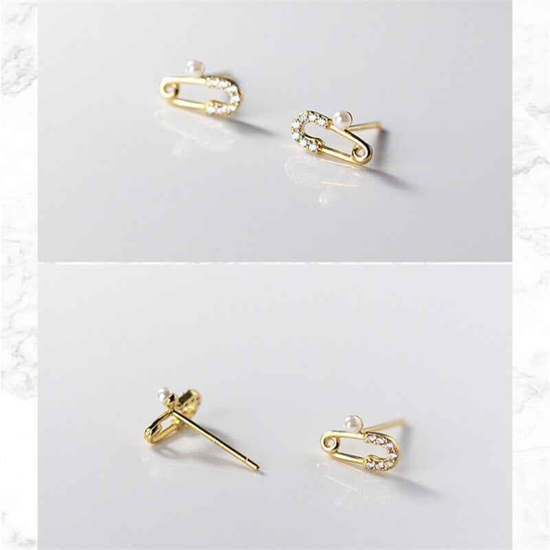Anyco Fashion Earrings Chic Small Pave Zircon Paper Clip Pin Stud Genuine Sterling Silver Jewelry Gift for Women-Earrings-PEROZ Accessories